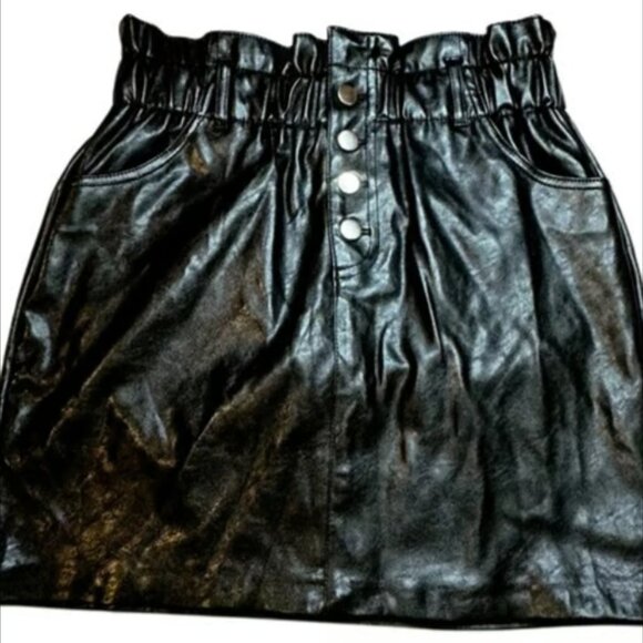Haute Monde Black Soft Faux Leather Mini Skirt Pockets Elastic Hgh Rise Medium - Picture 2 of 9
